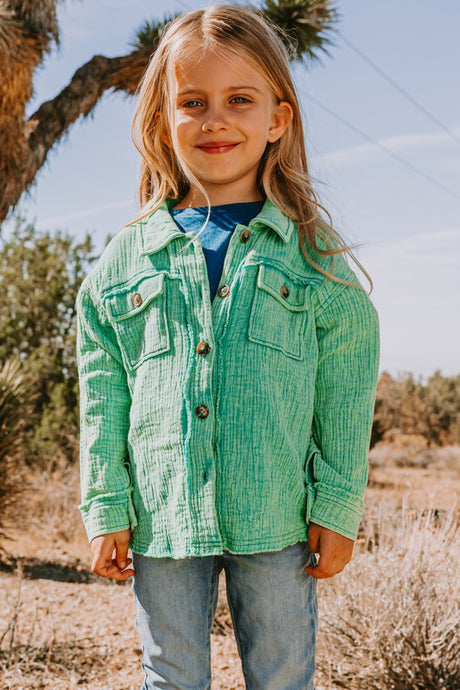 Washed Green Button Front Closure Washed Textured Woven Jacket