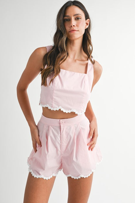 Pink Scallop Floral Trim Hem Crop Top And Shorts Set