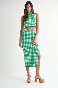 Green Gingham Plaid Knit Crop Top And Midi Skirt Set