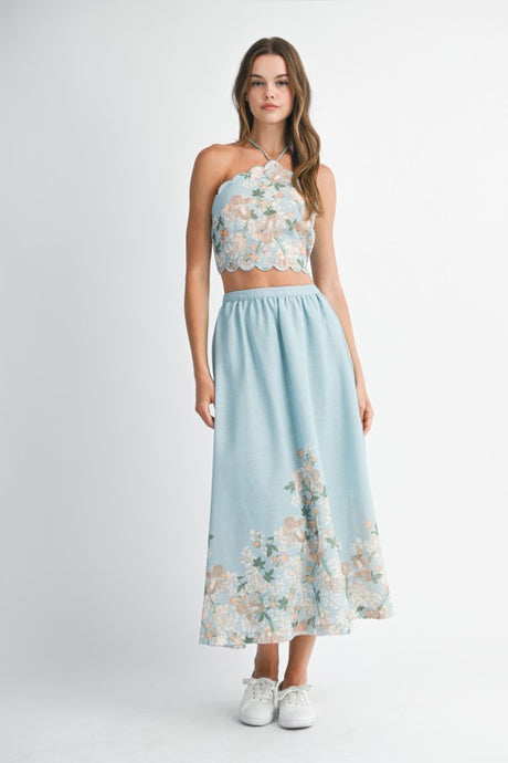 Blue Floral Scallop Halter Neck Crop Top And Skirt Set
