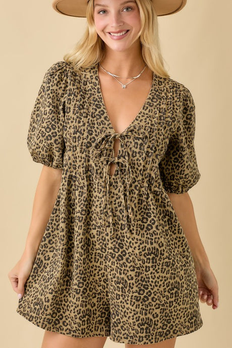 Leopard Print Denim Romper With Pleat And Tie